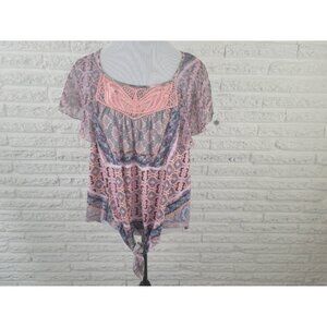 Energe World Wear 1X Pink Top Flutter Sleeve Crochet Studded Sheer GEO310E